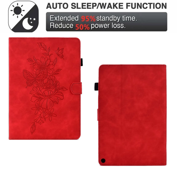 For Amazon Kindle Fire HD8 2022 Peony Butterfly Embossed Leather Smart Tablet Case(Red)