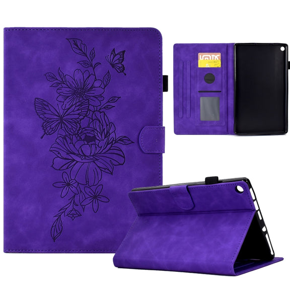 For Amazon Kindle Fire HD8 2018/2017/2016 Peony Butterfly Embossed Leather Smart Tablet Case(Purple)