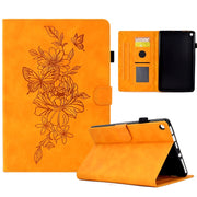 For Amazon Kindle Fire HD8 2018/2017/2016 Peony Butterfly Embossed Leather Smart Tablet Case(Khaki)