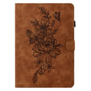 For Amazon Kindle Fire HD8 2020 Peony Butterfly Embossed Leather Smart Tablet Case(Brown)