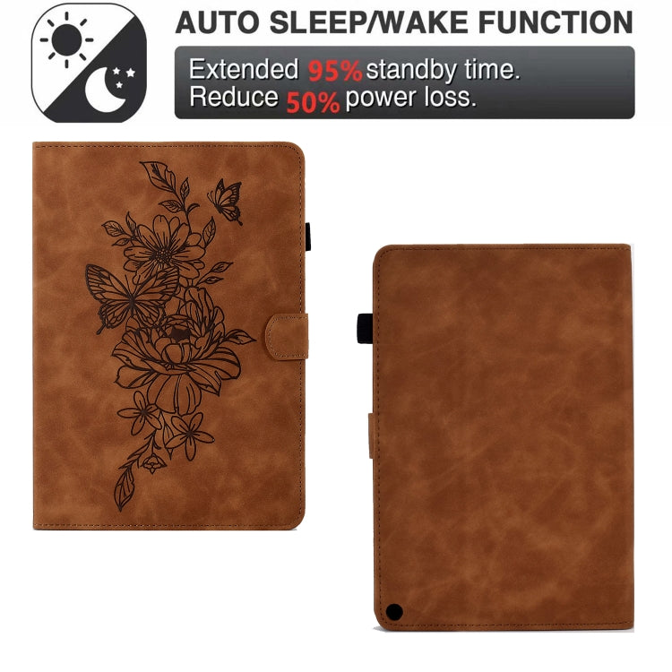 For Amazon Kindle Fire HD8 2020 Peony Butterfly Embossed Leather Smart Tablet Case(Brown)