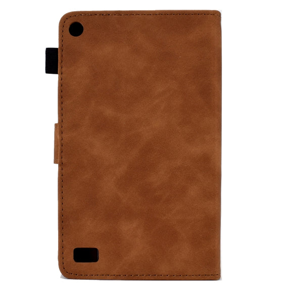 For Amazon Kindle Fire 7 2019/2017/2015 Peony Butterfly Embossed Leather Smart Tablet Case(Brown)