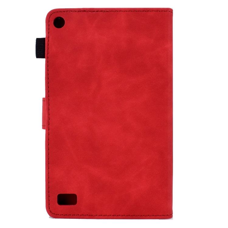 For Amazon Kindle Fire 7 2019/2017/2015 Peony Butterfly Embossed Leather Smart Tablet Case(Red)