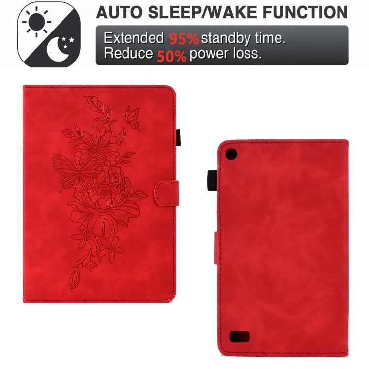 For Amazon Kindle Fire 7 2019/2017/2015 Peony Butterfly Embossed Leather Smart Tablet Case(Red)