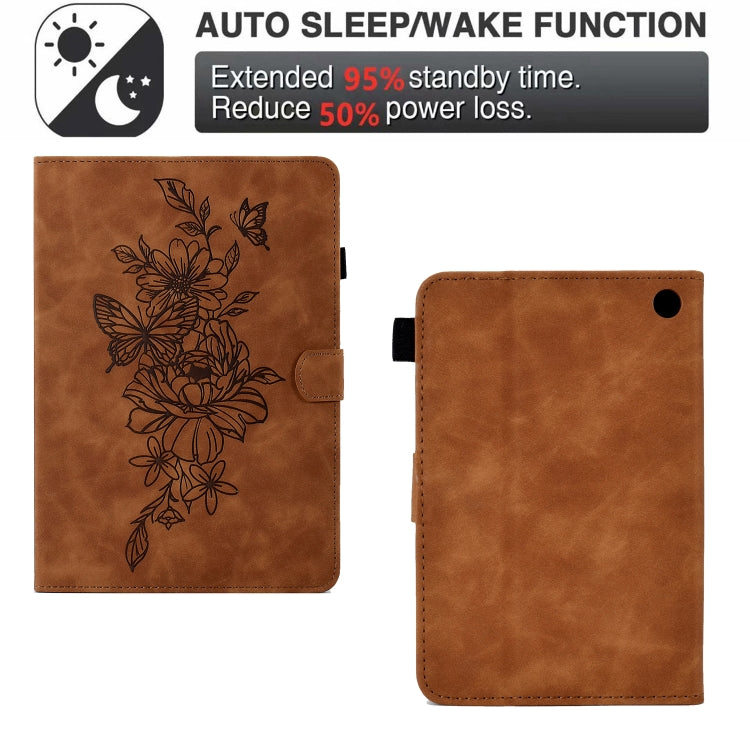 For Amazon Kindle Fire 7 2022 Peony Butterfly Embossed Leather Smart Tablet Case(Brown)