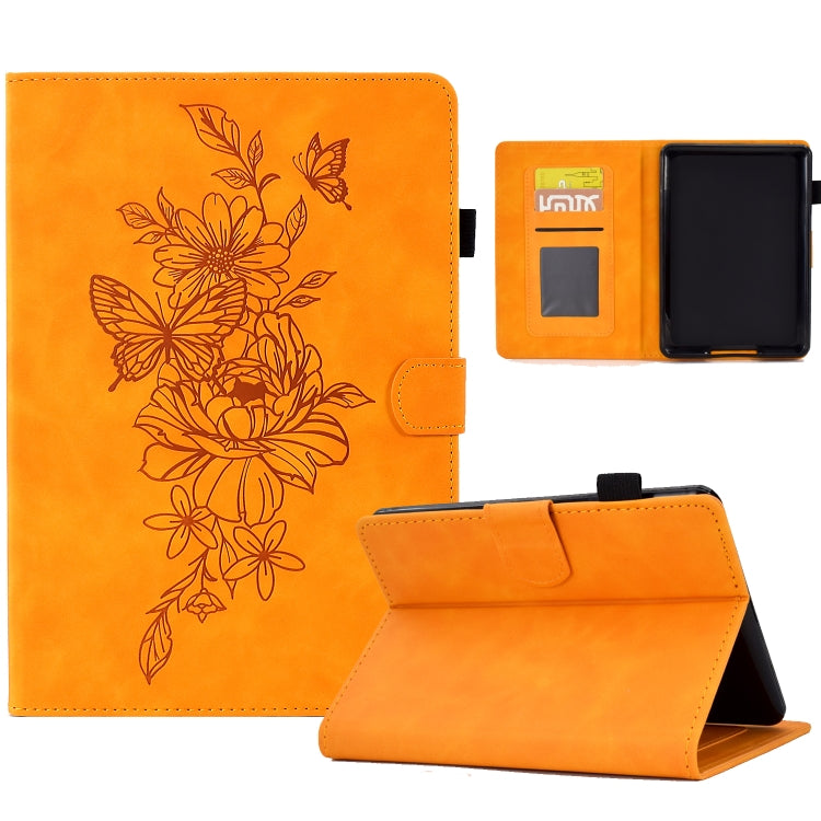 For Amazon Kindle Paperwhite 4/3/2/1 Peony Butterfly Embossed Leather Smart Tablet Case(Khaki)