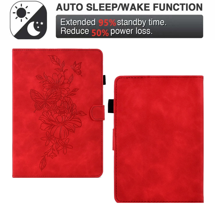 For Amazon Kindle Paperwhite 5 Peony Butterfly Embossed Leather Smart Tablet Case(Red)