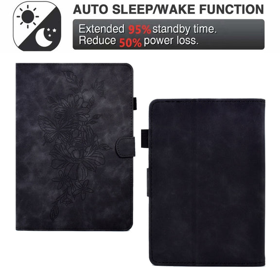 For Amazon Kindle Paperwhite 5 Peony Butterfly Embossed Leather Smart Tablet Case(Black)