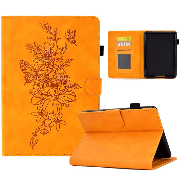 For Amazon Kindle Paperwhite 5 Peony Butterfly Embossed Leather Smart Tablet Case(Khaki)