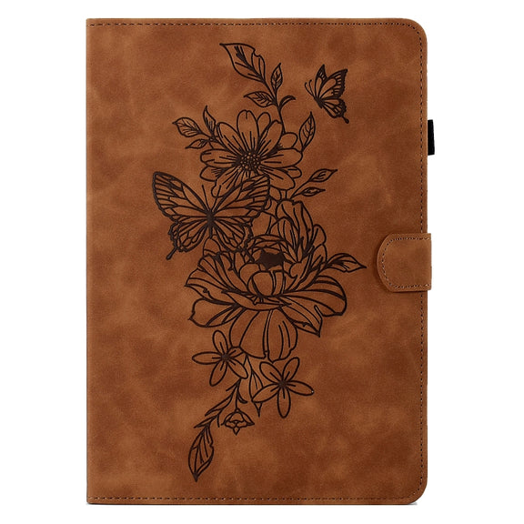 For Lenovo Tab M10 Plus 3rd Gen Peony Butterfly Embossed Leather Smart Tablet Case(Brown)