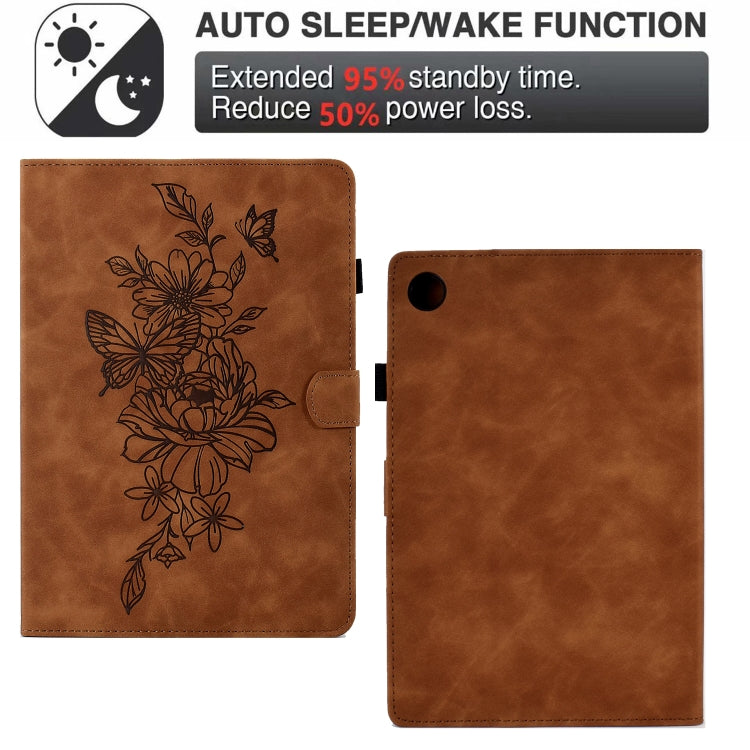 For Lenovo Tab M10 Plus 3rd Gen Peony Butterfly Embossed Leather Smart Tablet Case(Brown)