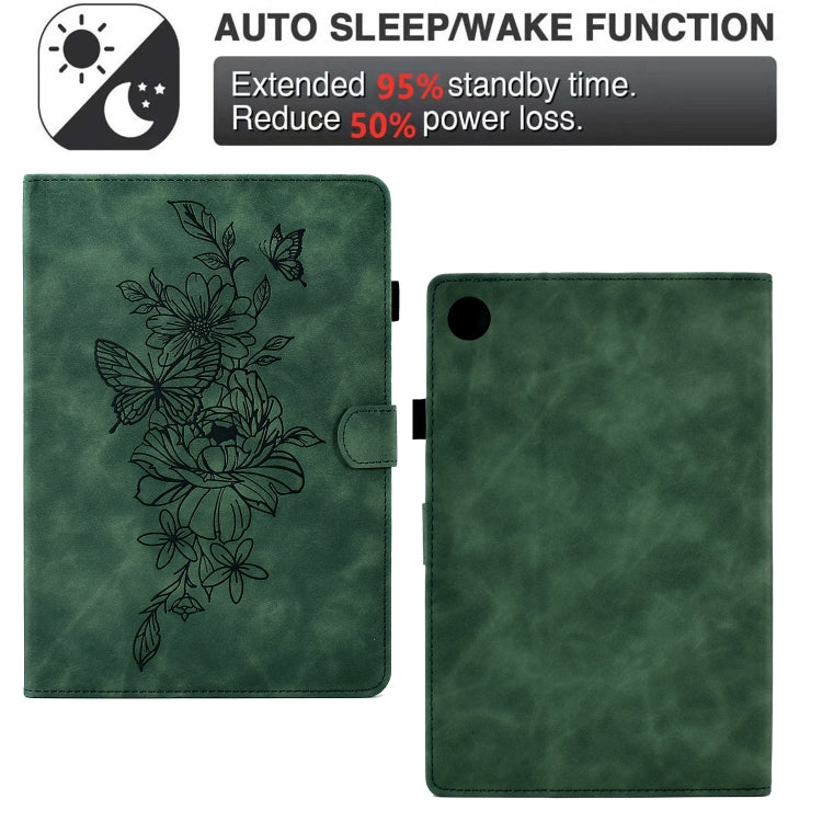 For Lenovo Tab M10 Plus 3rd Gen Peony Butterfly Embossed Leather Smart Tablet Case(Green)
