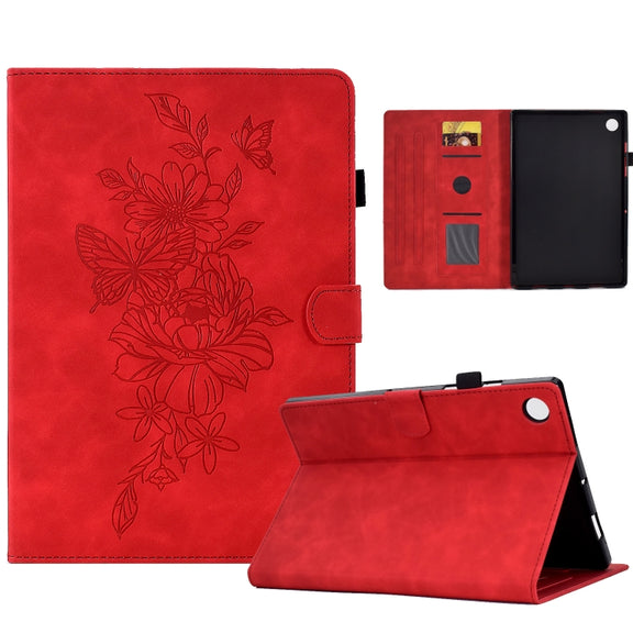 For Lenovo Tab M10 Plus 3rd Gen Peony Butterfly Embossed Leather Smart Tablet Case(Red)