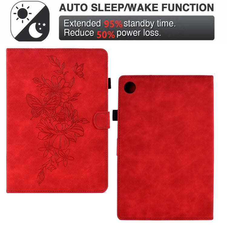 For Lenovo Tab M10 Plus 3rd Gen Peony Butterfly Embossed Leather Smart Tablet Case(Red)
