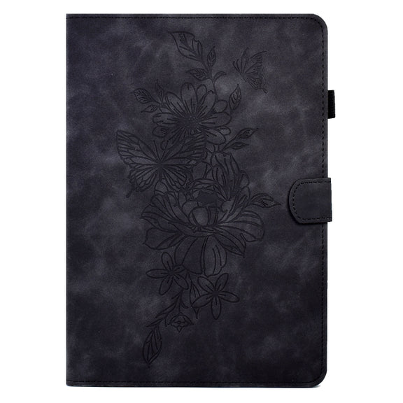 For Lenovo Tab M10 Plus 3rd Gen Peony Butterfly Embossed Leather Smart Tablet Case(Black)