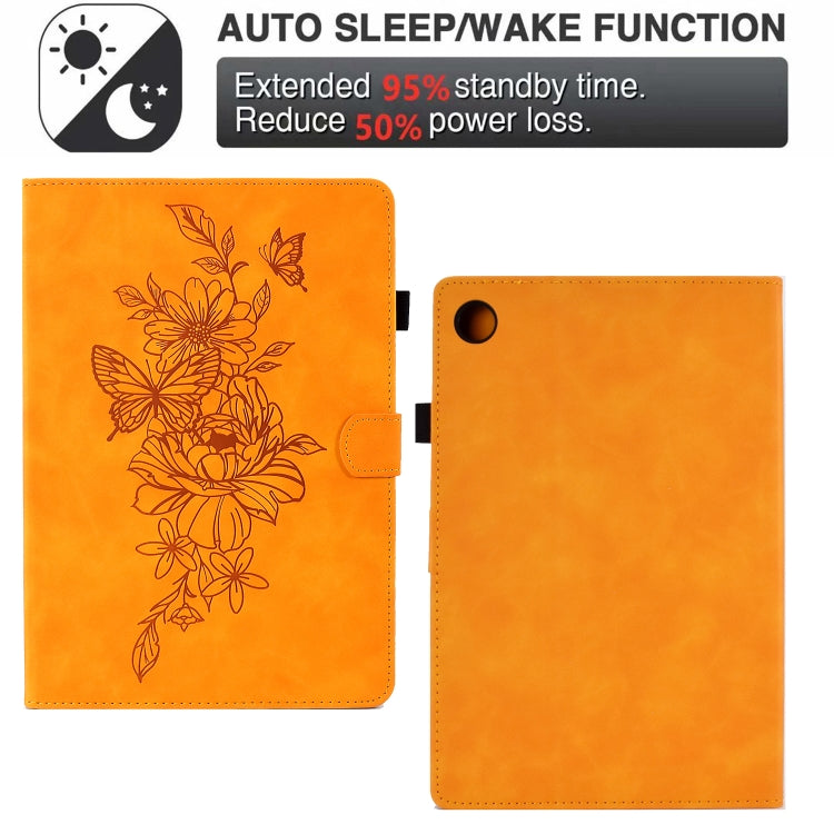 For Lenovo Tab M10 Plus 3rd Gen Peony Butterfly Embossed Leather Smart Tablet Case(Khaki)