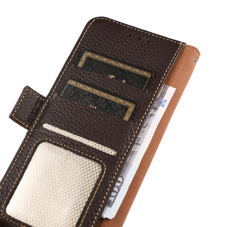 For Motorola Moto G73 5G KHAZNEH Side-Magnetic Litchi Genuine Leather RFID Phone Case(Brown)