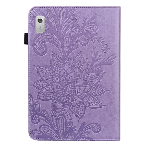 For Lenovo Tab M8 4th Gen Lace Flower Embossing Pattern Leather Tablet Case(Purple)