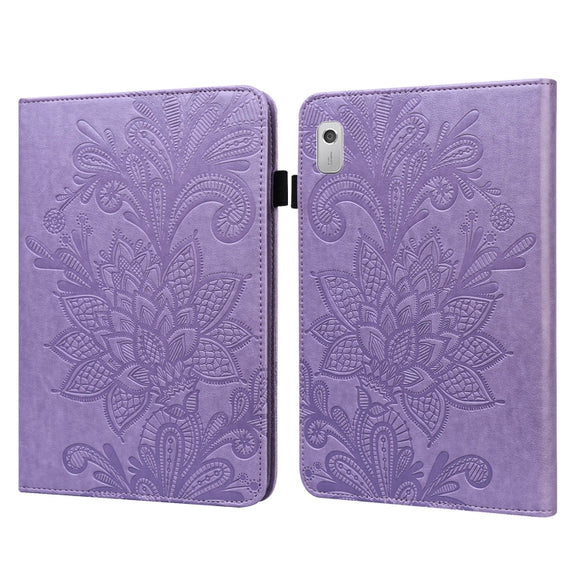 For Lenovo Tab M8 4th Gen Lace Flower Embossing Pattern Leather Tablet Case(Purple)