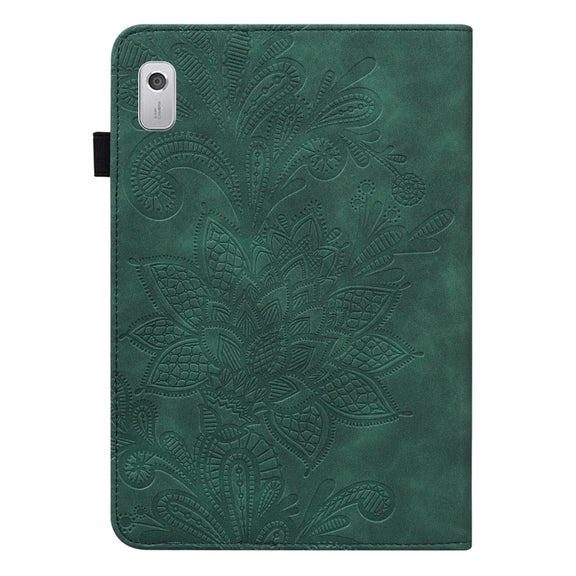 For Lenovo Tab M8 4th Gen Lace Flower Embossing Pattern Leather Tablet Case(Green)