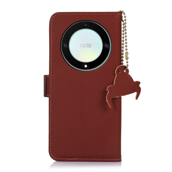 For Honor X9a 4G Genuine Leather Magnetic RFID Leather Phone Case(Coffee)
