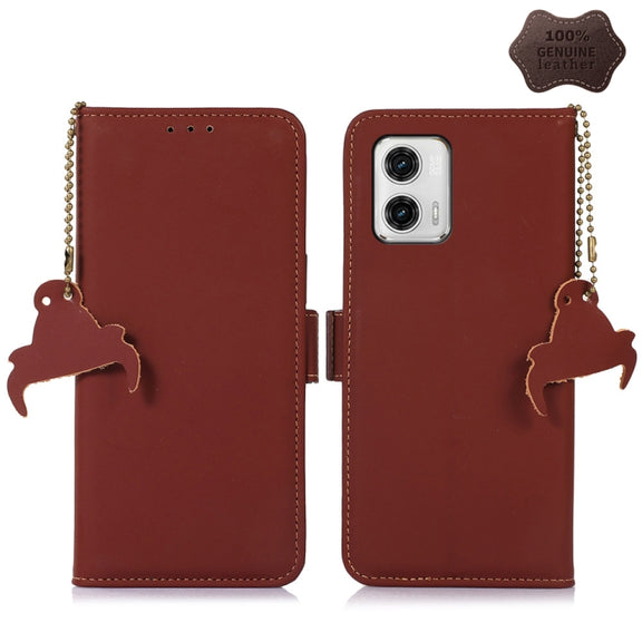 For Motorola Moto G73 5G Genuine Leather Magnetic RFID Leather Phone Case(Coffee)