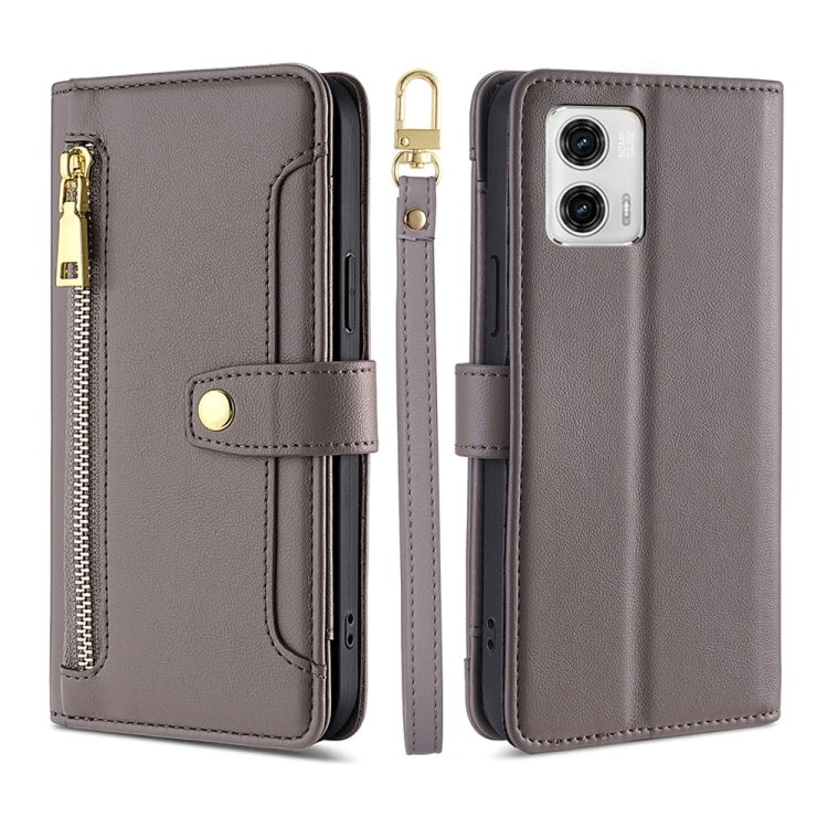 For Motorola Moto G73 5G Sheep Texture Cross-body Zipper Wallet Leather Phone Case(Grey)