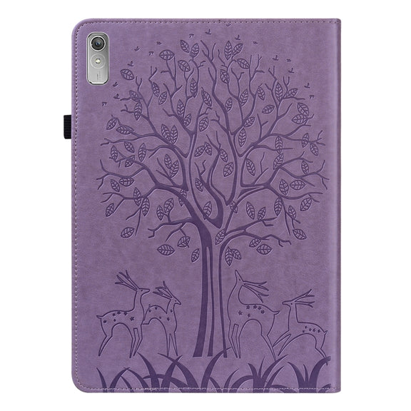For Lenovo Tab P11 Gen 2 Tree & Deer Pattern Embossed Leather Tablet Case(Purple)