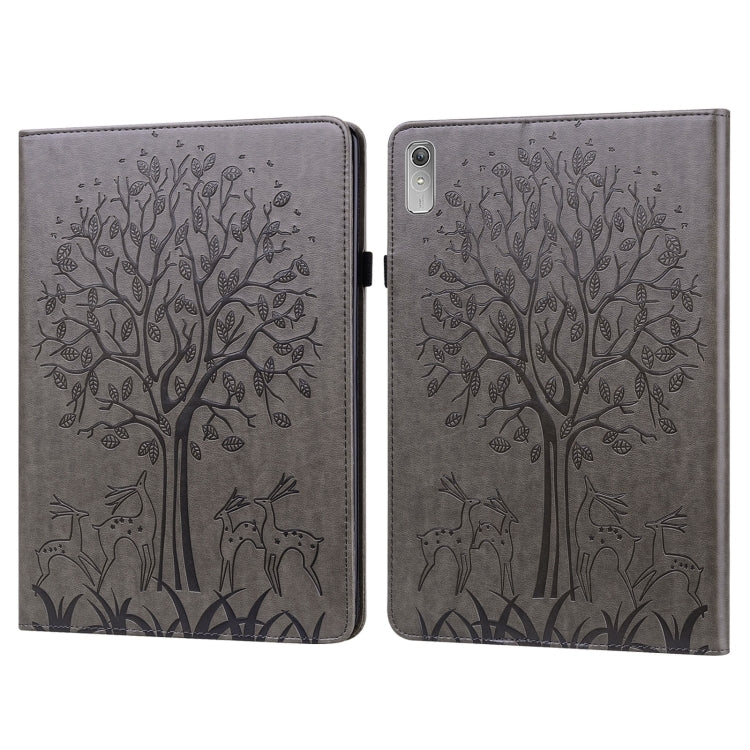 For Lenovo Tab P11 Gen 2 Tree & Deer Pattern Embossed Leather Tablet Case(Grey)