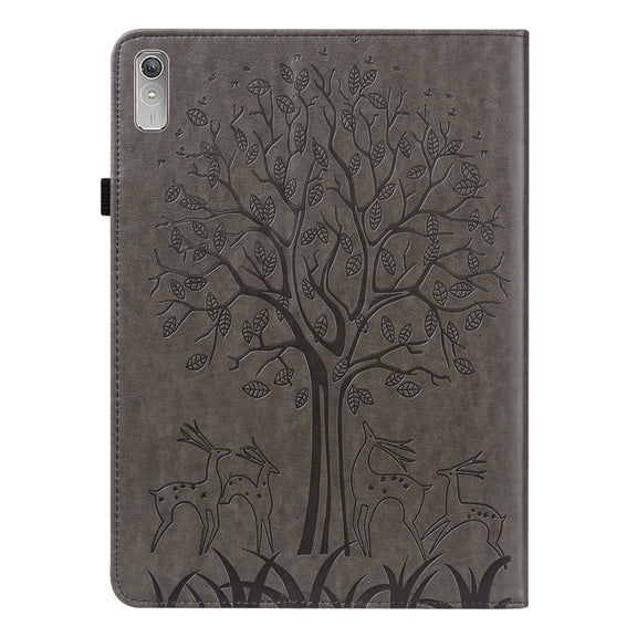 For Lenovo Tab P11 Gen 2 Tree & Deer Pattern Embossed Leather Tablet Case(Grey)