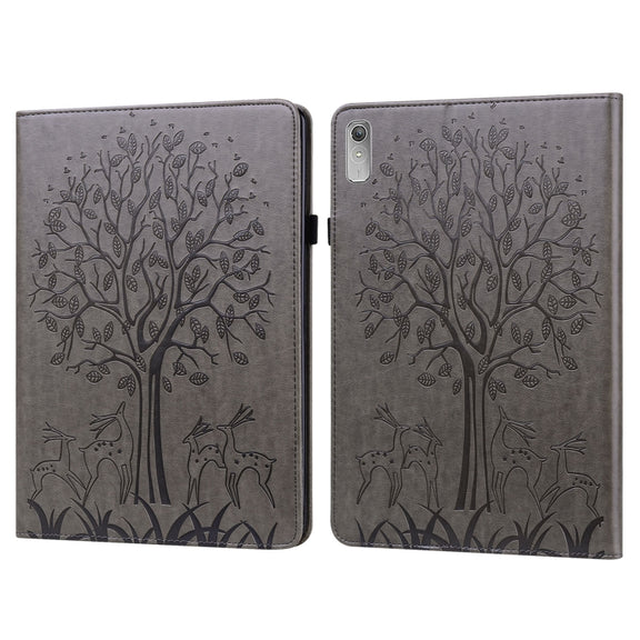 For Lenovo Tab P11 Gen 2 Tree & Deer Pattern Embossed Leather Tablet Case(Grey)