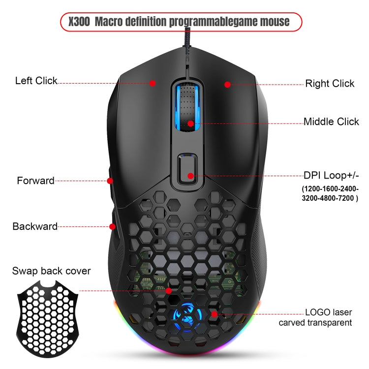 HXSJ X300 7200DPI RGB Backlight Interchangeable Back Cover Hole Gaming Wired Mouse(Black)
