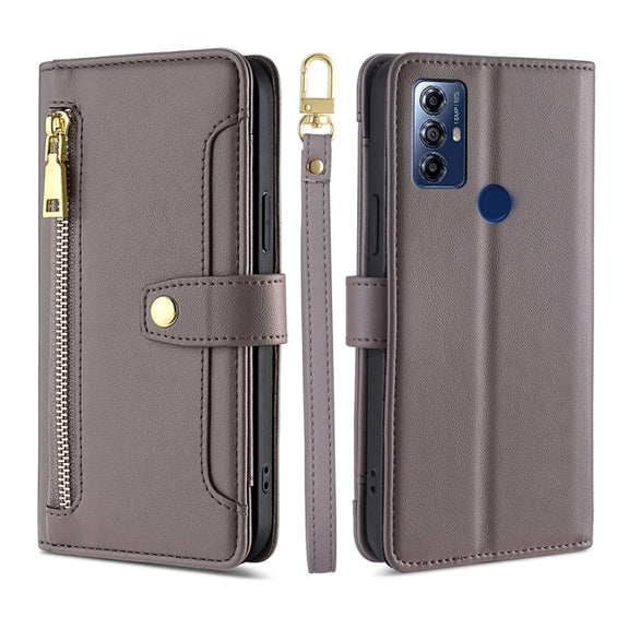For Motorola Moto G Play 2023 Sheep Texture Cross-body Zipper Wallet Leather Phone Case(Grey)