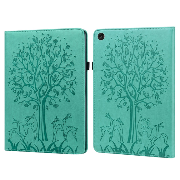 For Lenovo Tab M10 3rd Gen Tree & Deer Pattern Embossed Leather Tablet Case(Green)