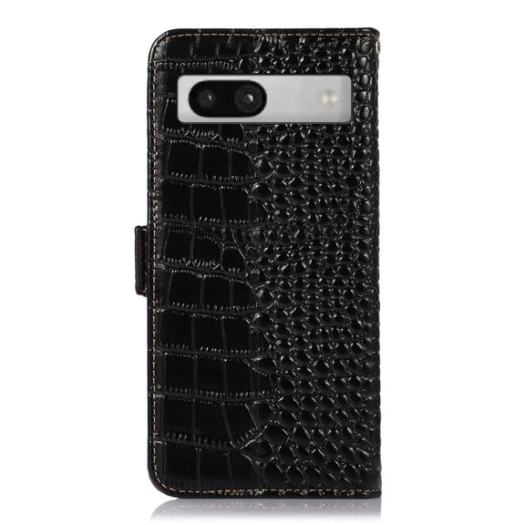 For Google Pixel 7a Crocodile Top Layer Cowhide Leather Phone Case(Black)