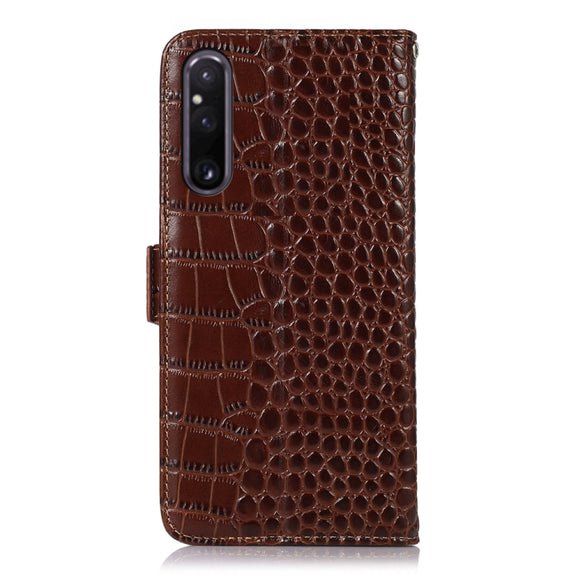 For Sony Xperia 1 V Crocodile Top Layer Cowhide Leather Phone Case(Brown)