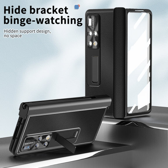 For Huawei Mate X2 Litchi Pattern Magnetic Shell Film Integrated Shockproof Phone Case(Black)