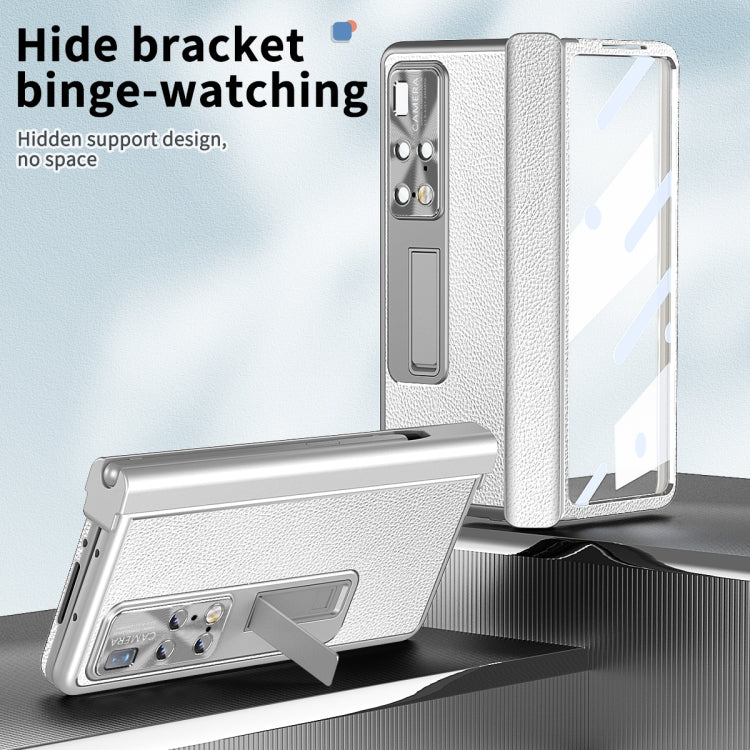 For Huawei Mate X2 Litchi Pattern Magnetic Shell Film Integrated Shockproof Phone Case(Silver)
