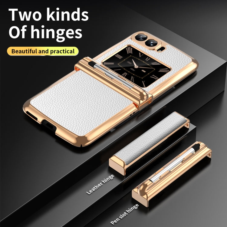 For Motorola Razr 2022 Foldable Electroplated Plain Leather Phone Case with Stylus(White)