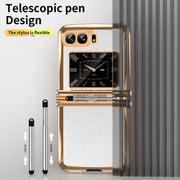 For Motorola Razr 2022 Foldable Electroplated Plain Leather Phone Case with Stylus(White)