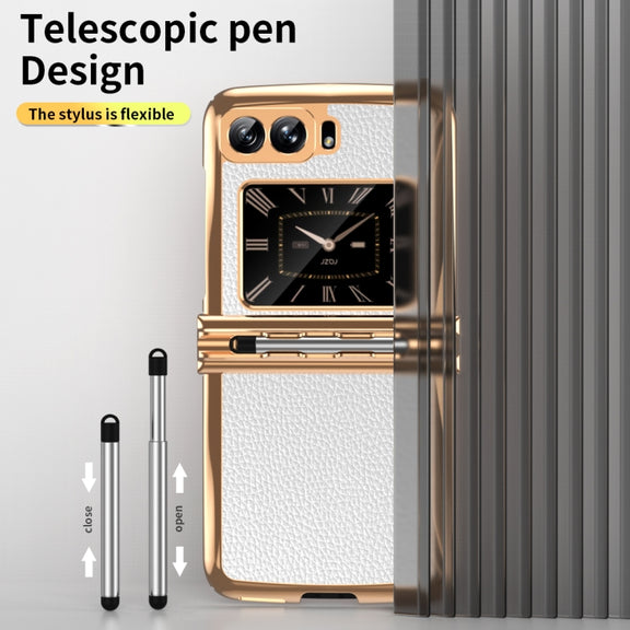For Motorola Razr 2022 Foldable Electroplated Plain Leather Phone Case with Stylus(White)