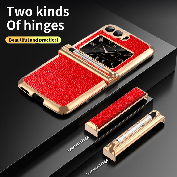 For Motorola Razr 2022 Foldable Electroplated Plain Leather Phone Case with Stylus(Red)