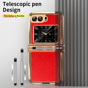 For Motorola Razr 2022 Foldable Electroplated Plain Leather Phone Case with Stylus(Red)