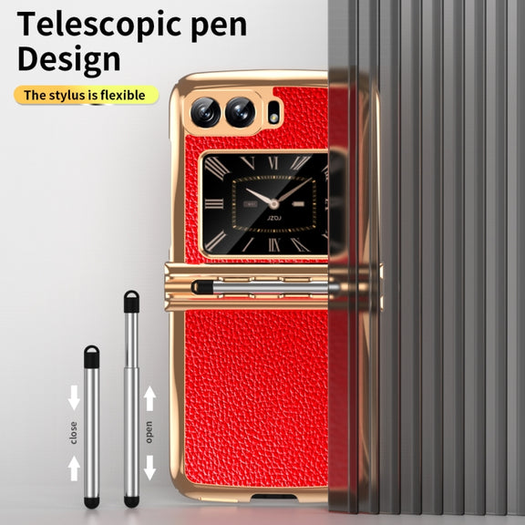 For Motorola Razr 2022 Foldable Electroplated Plain Leather Phone Case with Stylus(Red)