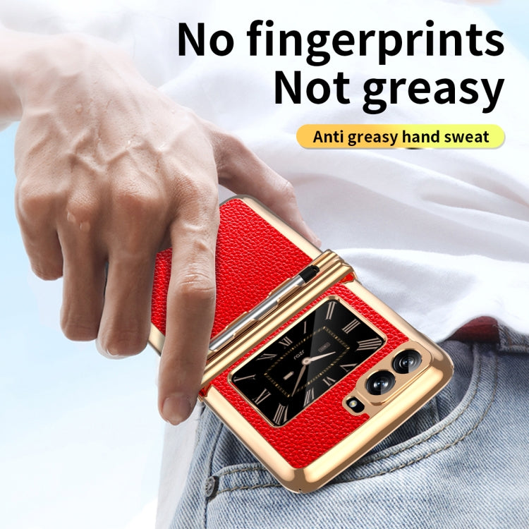 For Motorola Razr 2022 Foldable Electroplated Plain Leather Phone Case with Stylus(Red)