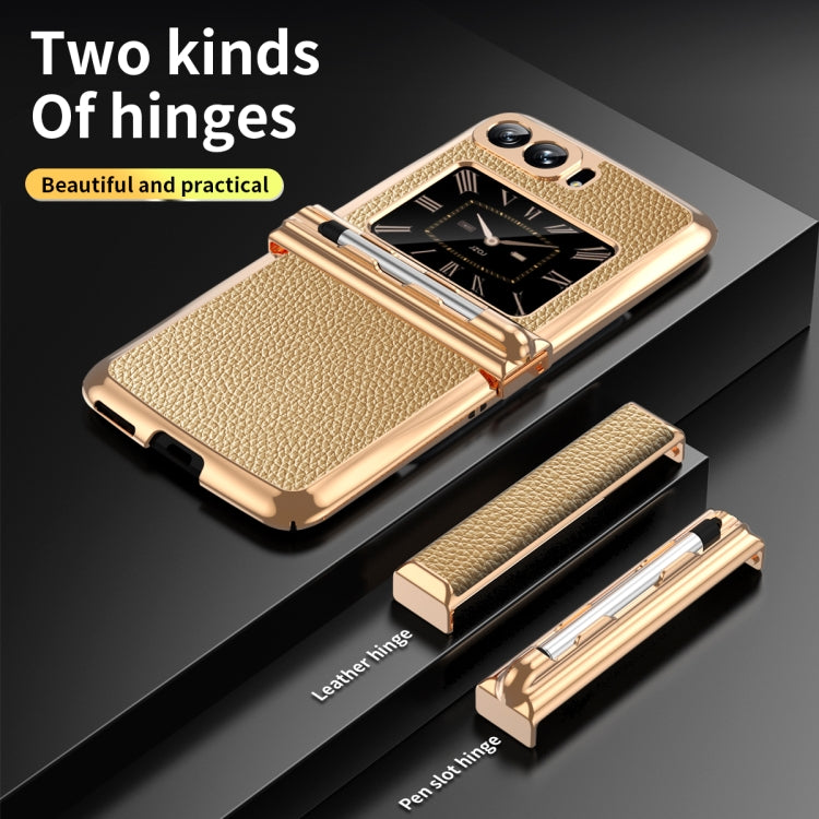 For Motorola Razr 2022 Foldable Electroplated Plain Leather Phone Case with Stylus(Gold)