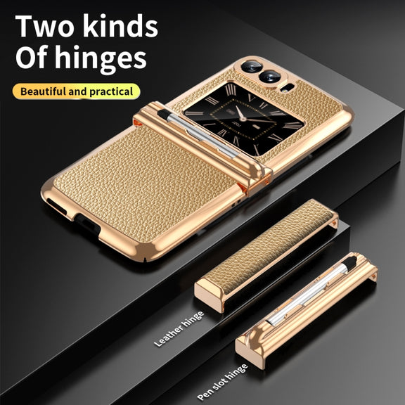 For Motorola Razr 2022 Foldable Electroplated Plain Leather Phone Case with Stylus(Gold)