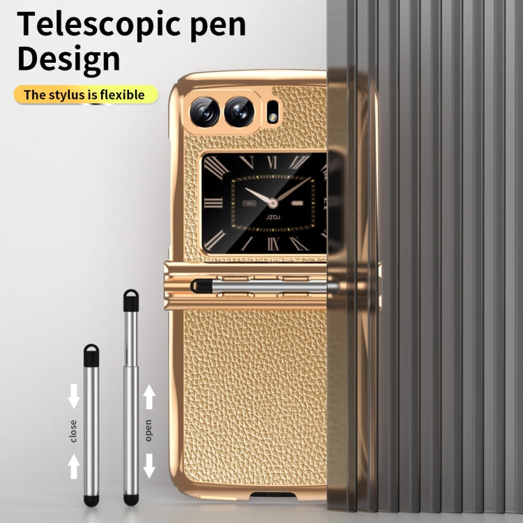 For Motorola Razr 2022 Foldable Electroplated Plain Leather Phone Case with Stylus(Gold)