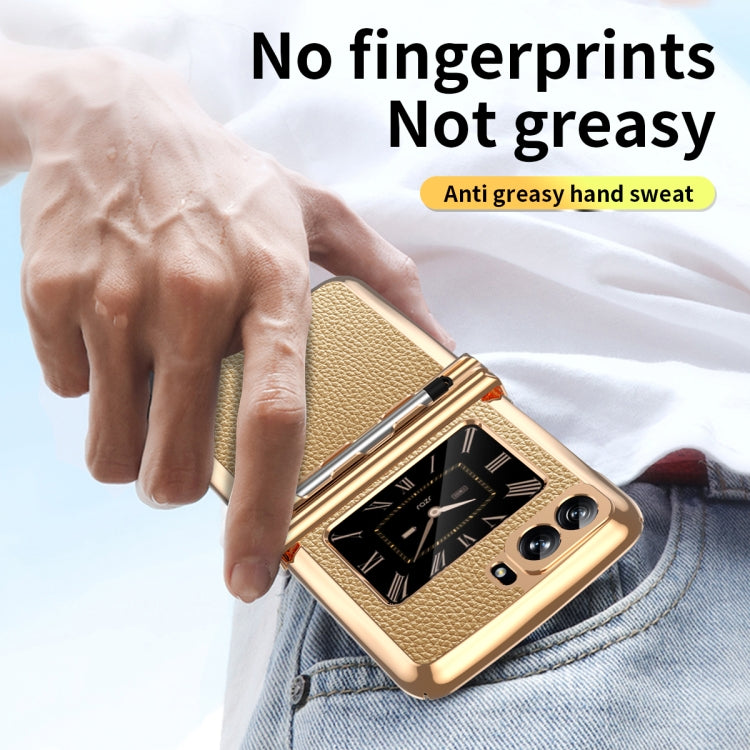 For Motorola Razr 2022 Foldable Electroplated Plain Leather Phone Case with Stylus(Gold)