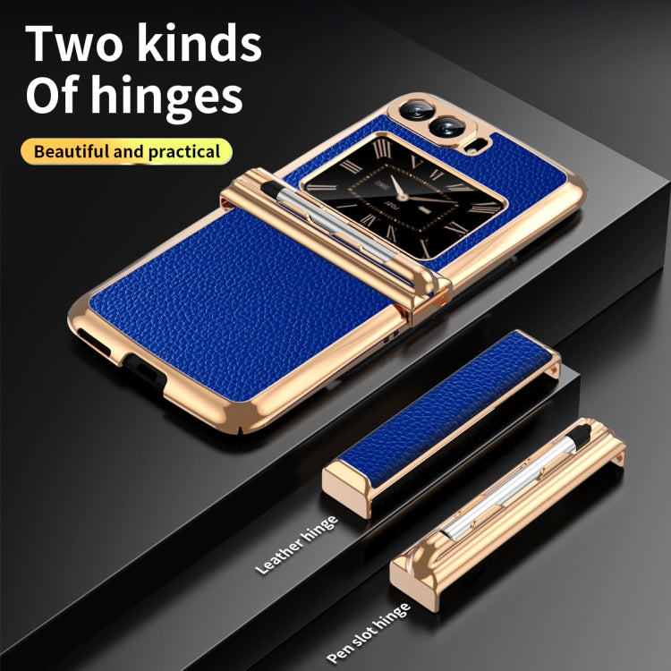 For Motorola Razr 2022 Foldable Electroplated Plain Leather Phone Case with Stylus(Blue)